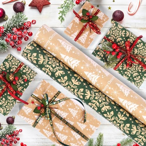 AhfuLife 2 Rollen Geschenkpapier Weihnachten, 43cm x 15m Weihnachtspapier Set, Nature Kraftpapier Weihnachtsgeschenkpapier für Weihnachten Papier Xmas Geburtstag Geschenk Verpackung