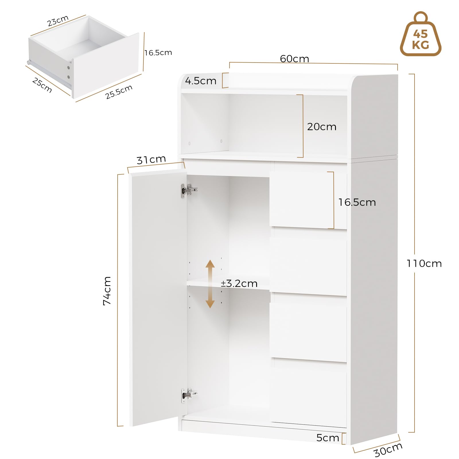 ANWBROAD Badezimmerschrank, Badschrank mit 4 Schubladen, 1 Schranktür, 5-lagige Verstellbarer Ablage, Badezimmer Kommode für Badezimmer, Wohnzimmer, Küche,110 × 60 × 30 cm, Weiß, SBC014W