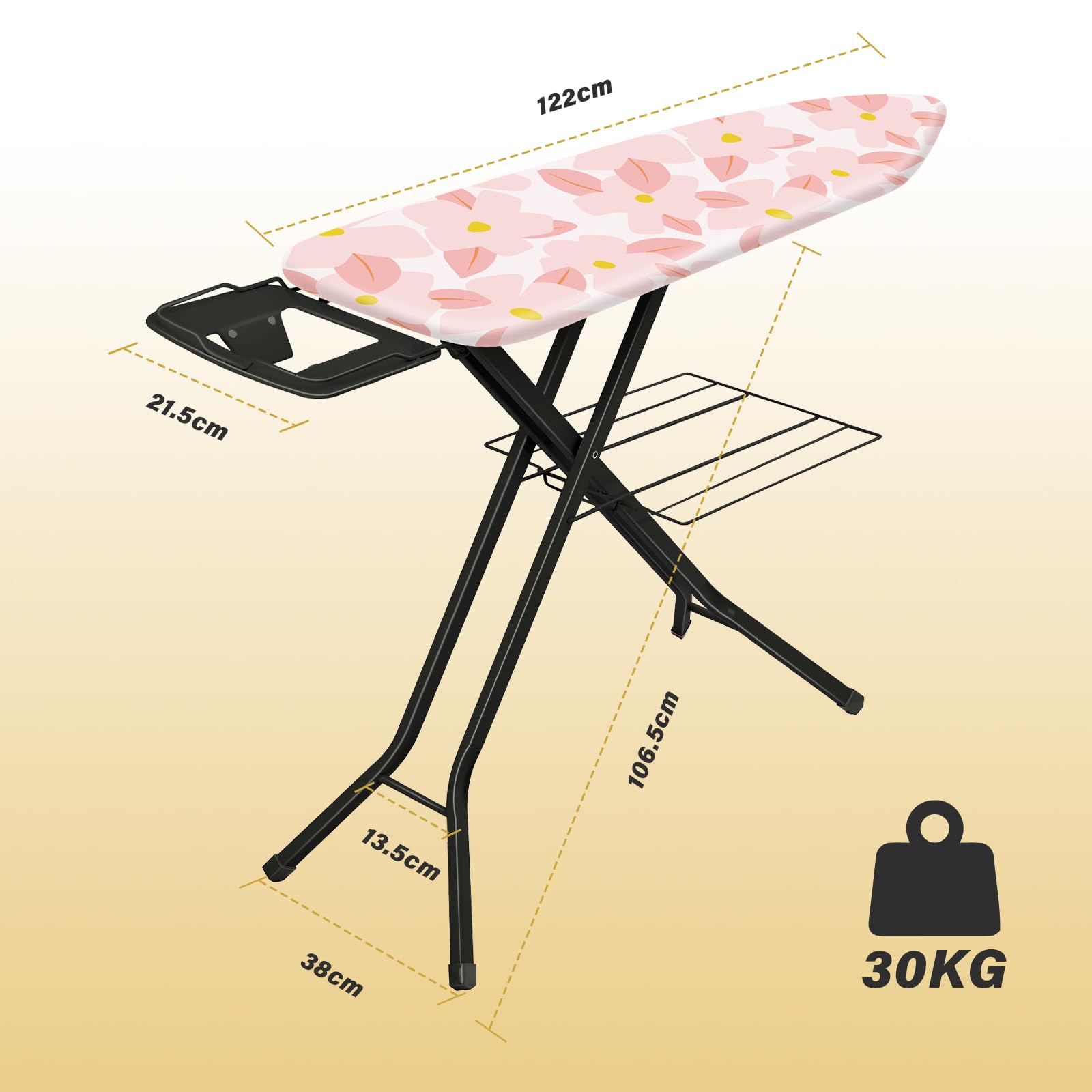TEENO Klappbares Bügelbrett 122 x 38 cm,Kompatibel Mit Dampfbügeleisen,Sicherheitsschließsystem,7-Stufige Höhenverstellung,100% Baumwoll-Bügelauflage,Geeignet Für Zu Hause/Waschküche(Rosa)