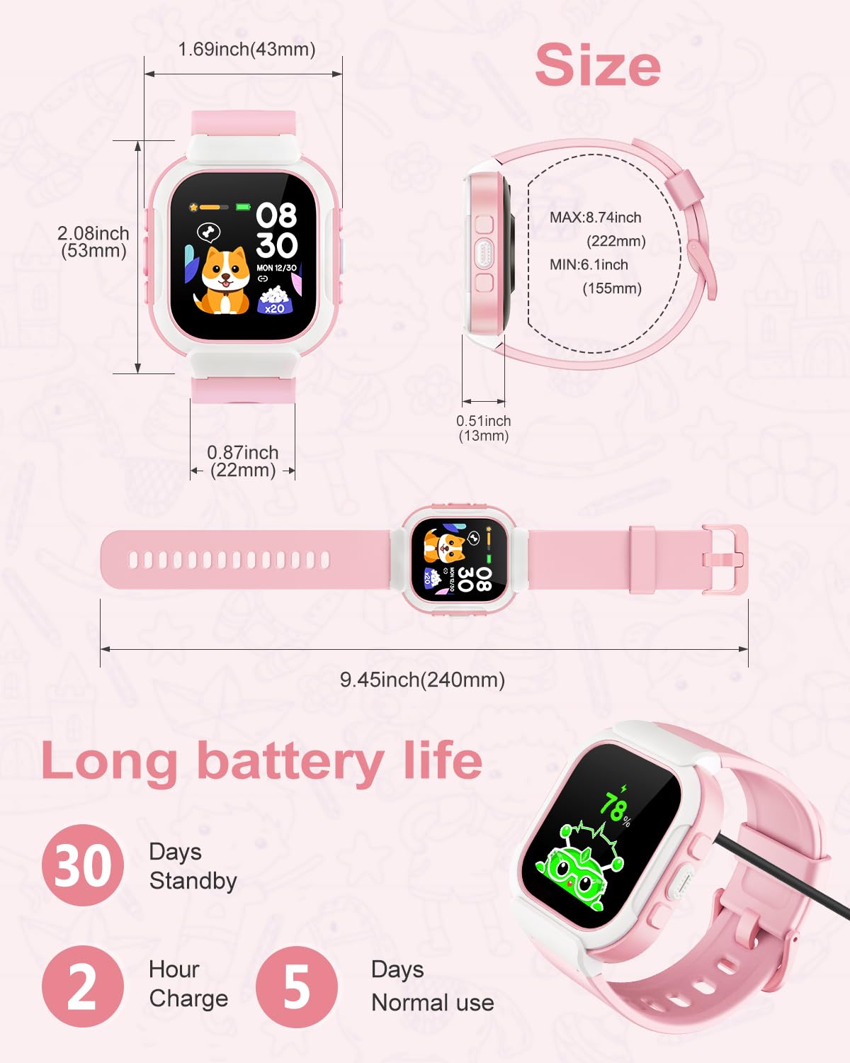 Cloudpoem Reloj inteligente para niños, niñas y niños – Rastreador de fitness con podómetro, monitor de frecuencia cardíaca, oxígeno en sangre, rastreador de sueño, relojes despertadores, juegos de