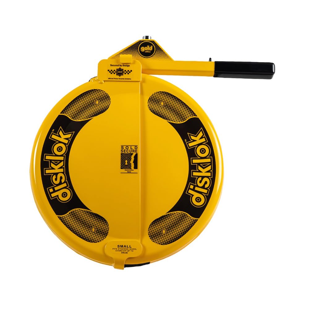 Disklok Antifurto per Volante 'Gold Edition' - Taglia Small - 35-39cm - Giallo - Approvato SCM Dispositivo Blocca-sterzo Sicurezza Visibile Dissuasivo Deterrente Universale per Auto Furgoni Camper