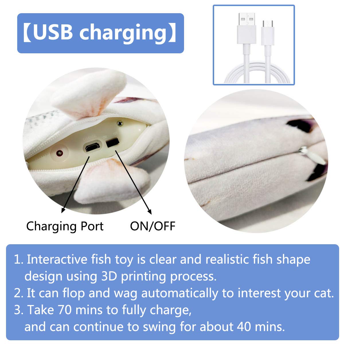 Cataire Jouets de Poisson Interactif pour Chats, 30 cm Réaliste en Peluche Simulation Électrique Poisson, Rechargeable La Santé Flop Poissons Chat Jouet Chew Bite Fournitures Pour Chat Kitty Chaton