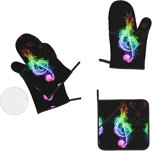 Miniatura 6 de Juego de 4 guantes de horno y soportes para ollas de notas musicales coloridas, resistentes al calor, antideslizantes, de algodón, para cocinar