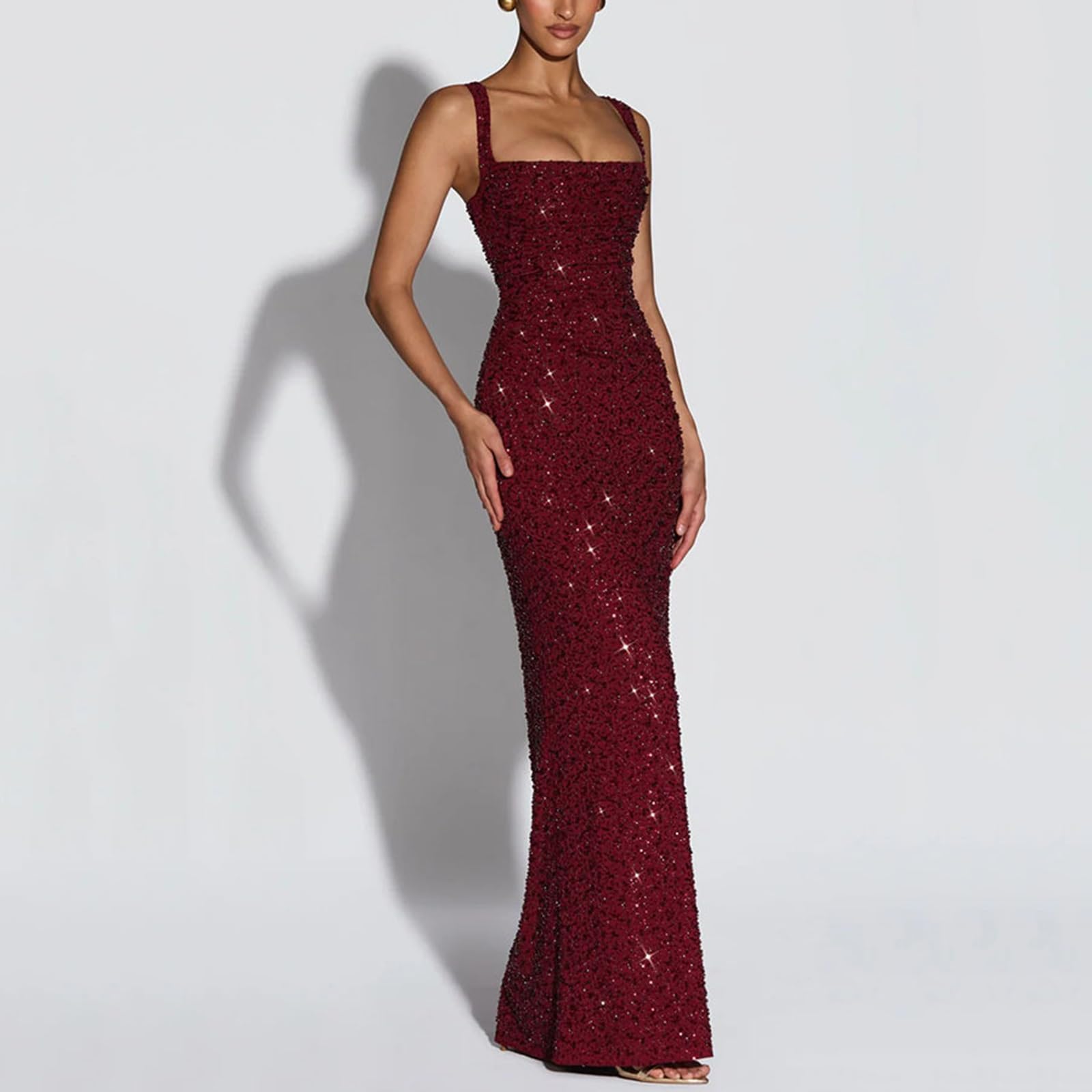 Vestido de Lentejuelas con Lazo En La Espalda, Escote Cuadrado, Tirantes Anchos, Brillante, Corte Ajustado, Ideal Para Ocasiones Formales y Fiestas Nocturnas