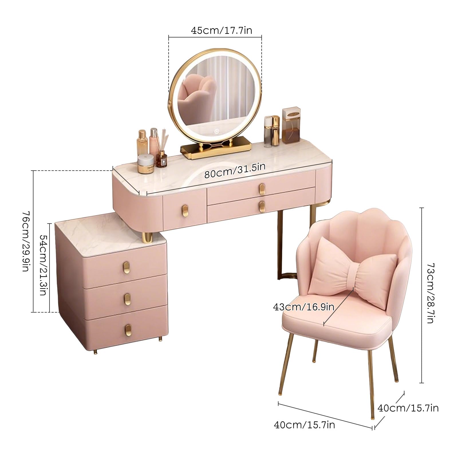 Set Toletta da Trucco 4 in 1: Tavolo Trucco con Specchio LED, Sgabello, Mobiletto Cassettiera Salvaspazio, 3 Modalità di Illuminazione e Luminosità Regolabile per Camera da Letto