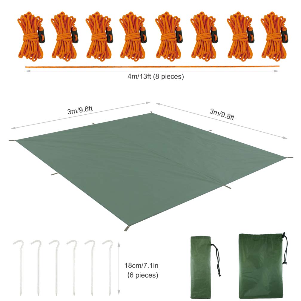 Bâche Imperméable 3x3m - Voile D'ombrage UV - Camping/Tente/Hamac - Armée Verte