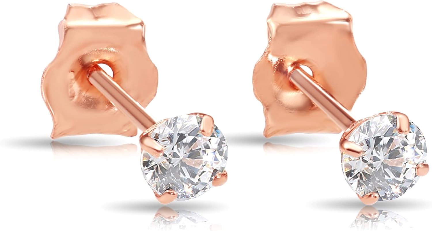 14k Solid Rose Gold Basket Set Round CZ Stud Earrings, Push back Cz Studs, Sleeper Cz Studs, Unisex