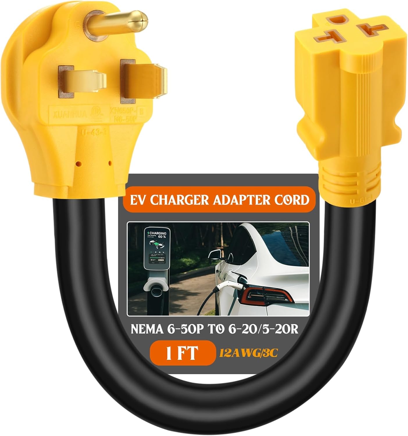 6-50P to 6-20/15R or 5-20/15R Welder EV Adapter Cord Compatible with NEMA 50 Amp 3 Prong 240V to 20/15 Amp 3 Prong 240V 6-20/15R or 5-20/15R T Blade for Welder EV Charger, 12 AWG, 1FT