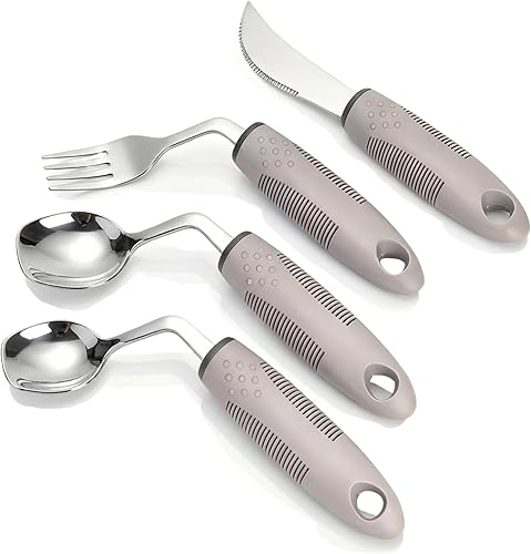 Juego de 4 utensilios adaptativos con cuchillo mecedor y cuchara de pala, utensilios de Parkinson en ángulo de 42, cubiertos con peso de 2.5 onzas