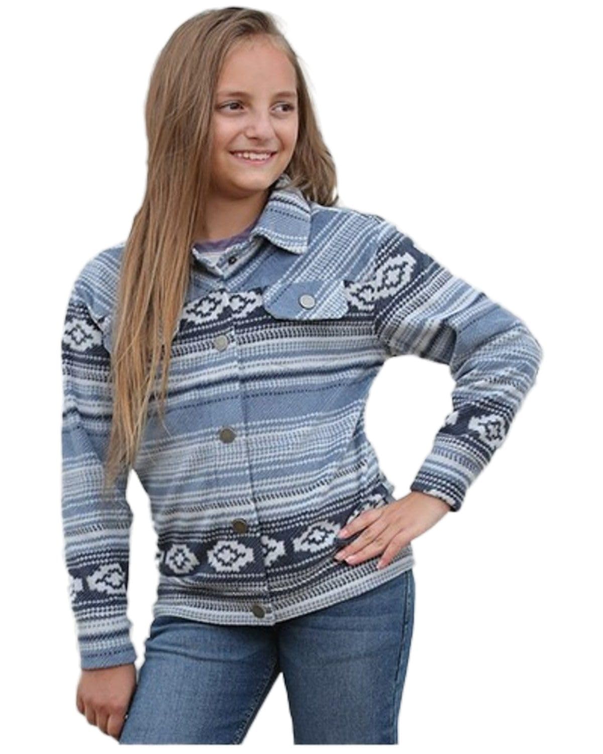Cruel Girl Girls' Southwestern Stripe Trucker Snap Jacket Blue X-Small