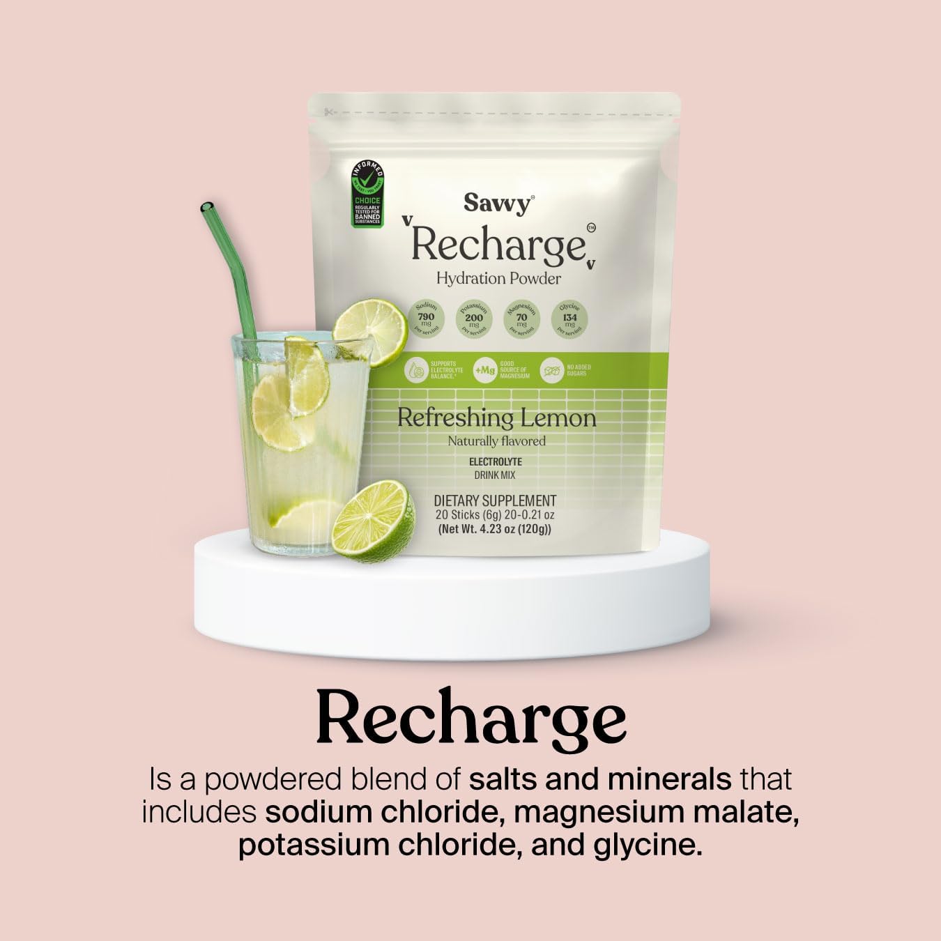 Savvy Recharge Electrolyte Powder, Sugar Free Conscious Hydration Drink with Sodium, Magnesium, Potassium & Glycine, Lemon Flavor, for Muscle Health, 20 Sachets of 6g