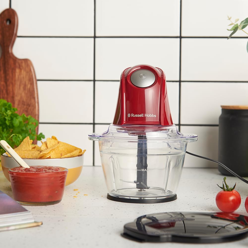 Russell Hobbs Picadora Eléctrica Mini Desire Red (Cuenco de vidrio de 500 ml, Cuchillas Inox de 2 puntas, 350 W Max, Botón One-Touch, Para frutas, verduras y carne) 27132-56