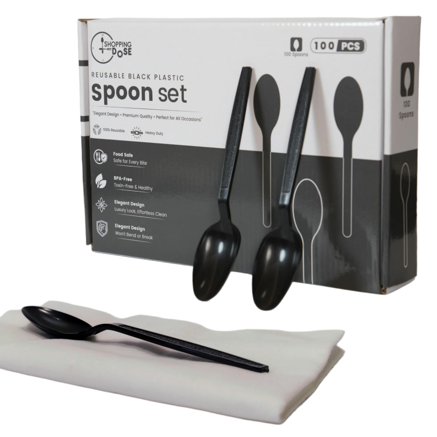 Heavy Duty Reusable Black Plastic Spoon Set 100 Spoons