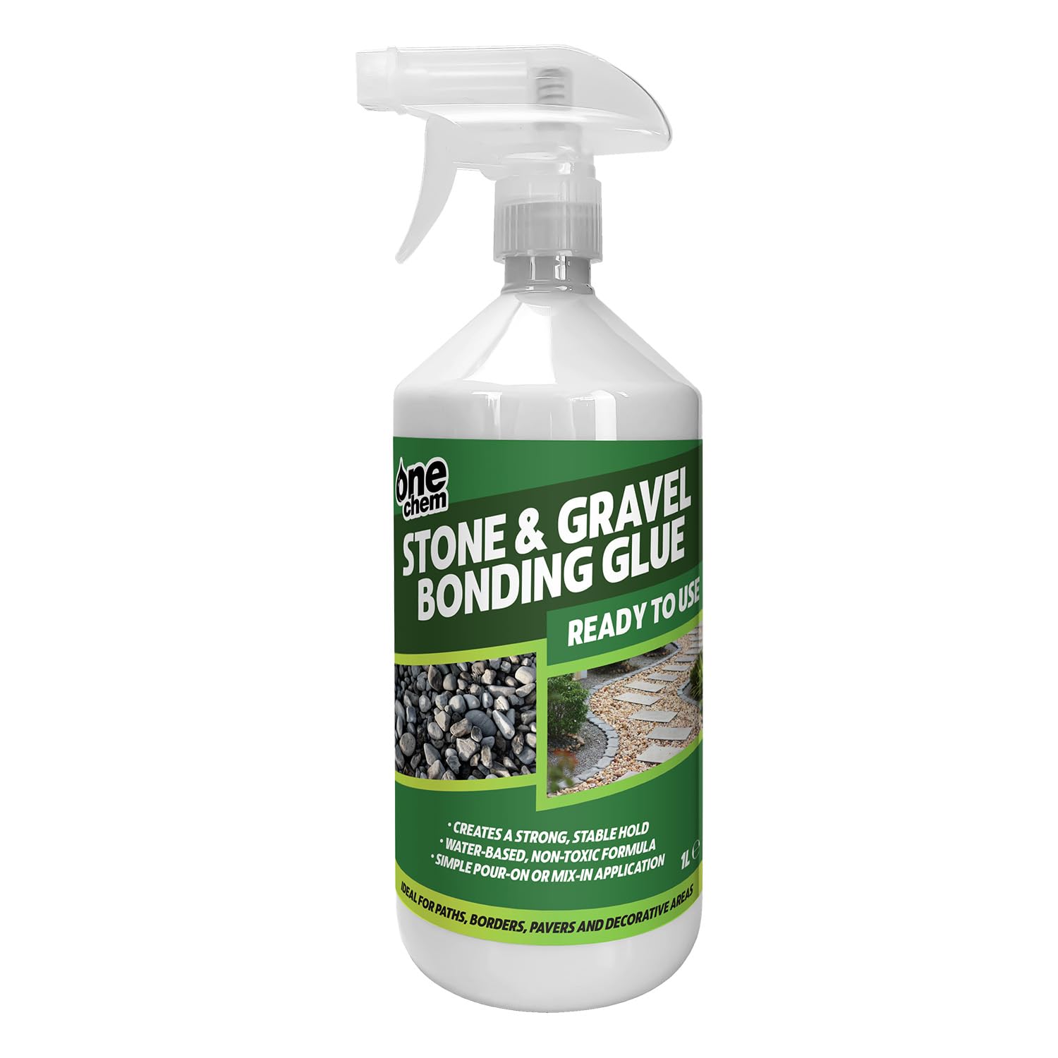 One Chem Stone and Gravel Bonding Glue, 1 Litre, Water-Based Non-Toxic Formula, Ready to Use, for Paths, Patios and Decorative Areas