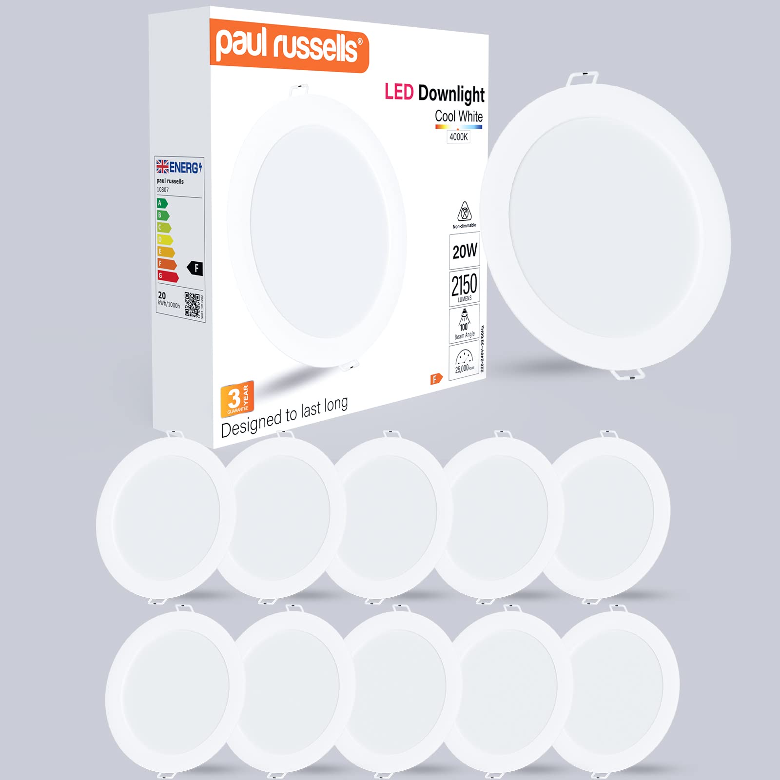 paul russells LED Ceiling Downlights, 20W Slim Recessed Bathroom Downlights, Kitchen Ceilings, 2150 Lumens, 4000K Cool/Natural White, Cutout 170-180mm, Round Non-Dimmable Panel Spotlights, 10 Pack