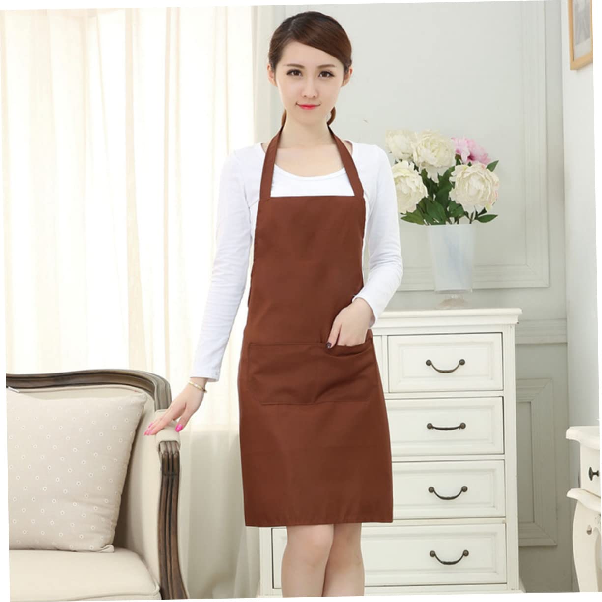 TIDTALEO Bib Chef Apron Waterproof Apron Pockets for Women Plain Bib Halter-neck Style 60x70cm
