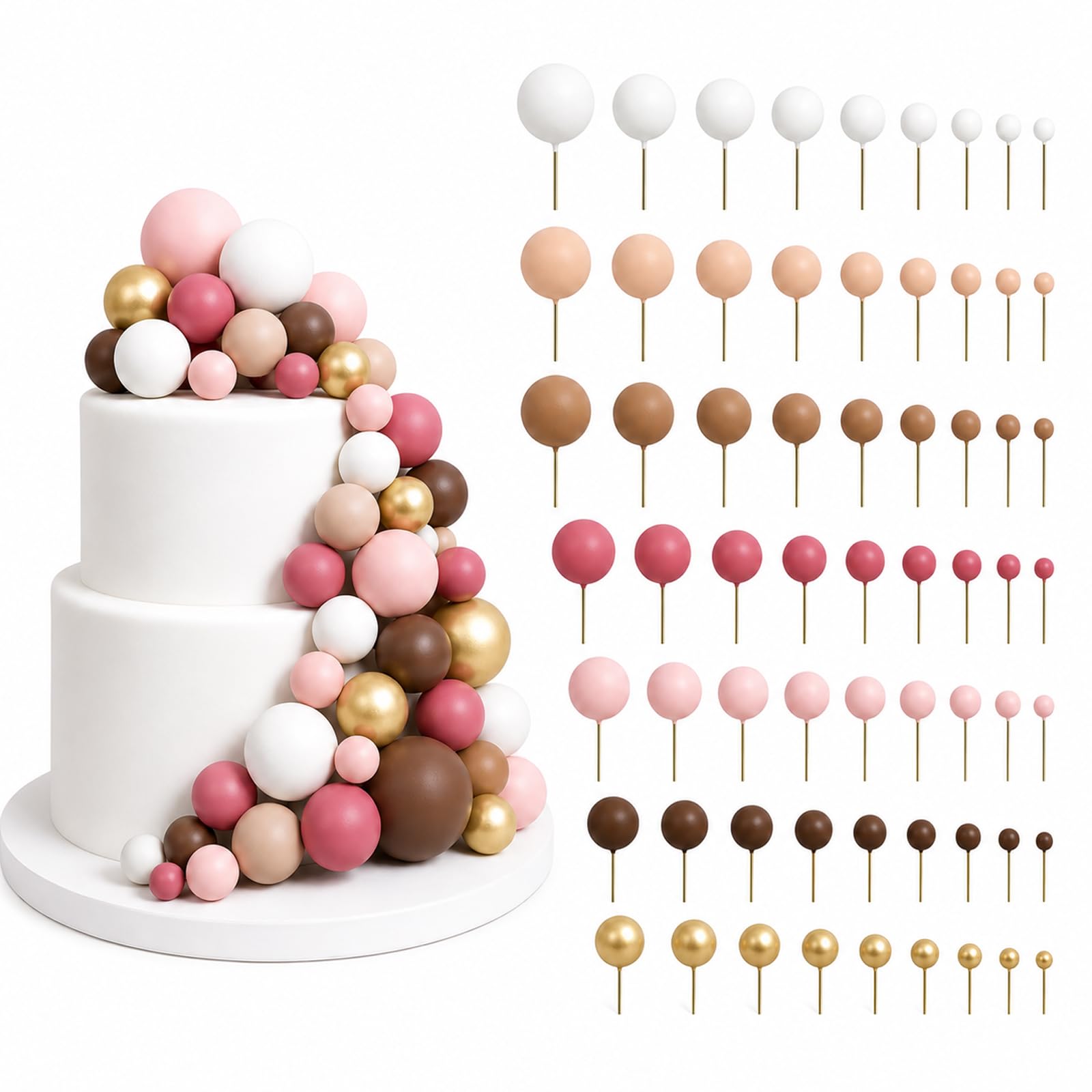 102 Pcs Round Ball Cake Toppers, Nude Brown Gold Ball Cake Topper Decorations for DIY Wedding Birthday Cake Decorating (Pink, purple, blue, gold version)
