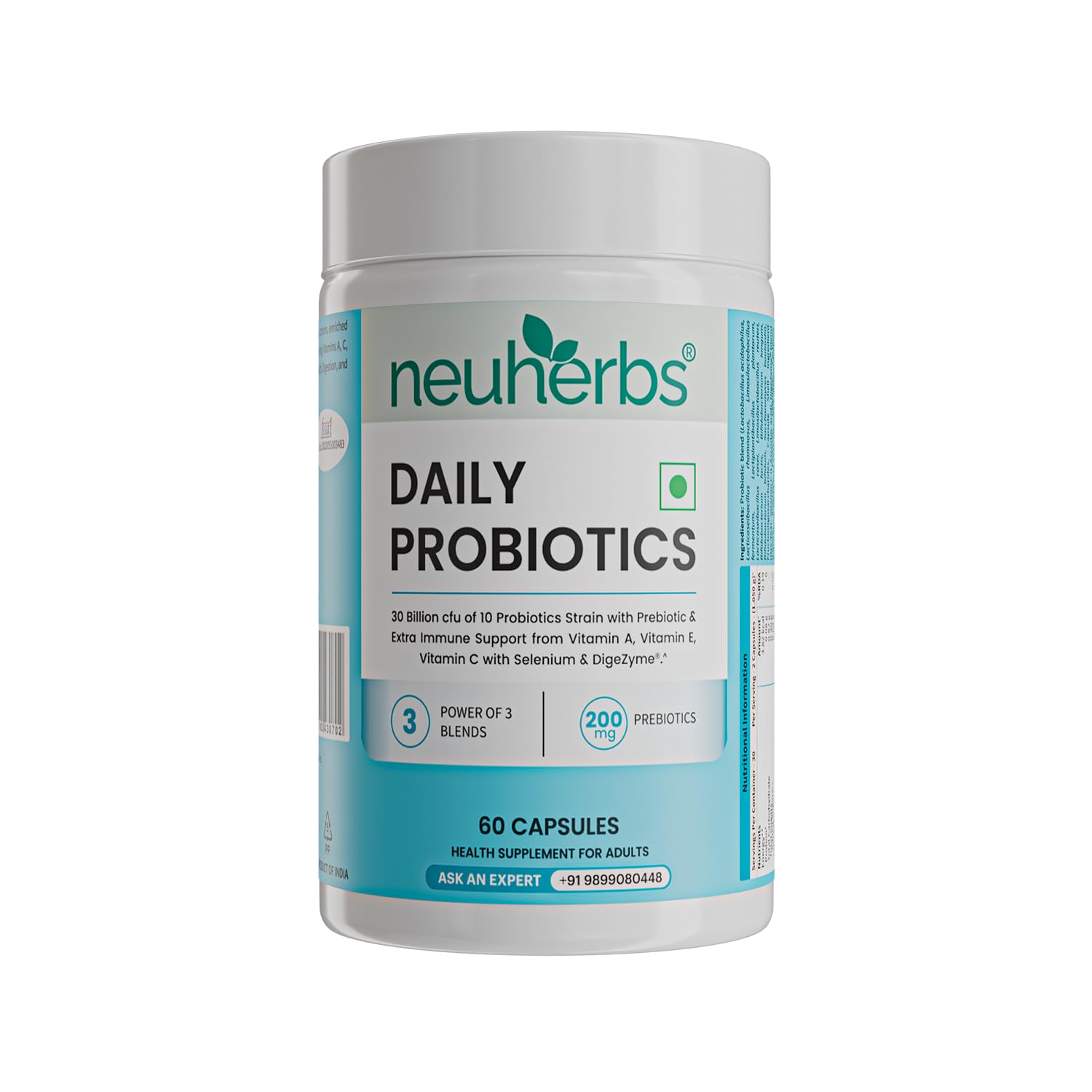Neuherbs Acidophilus Daily Probiotics with Prebiotic, Blend of six healthy Probiotics (20 Billion CFU) with added Vitamin C, E & Selenium | For Immunity & Gut Health, Capsules 60 Count for Women & Men-image-36