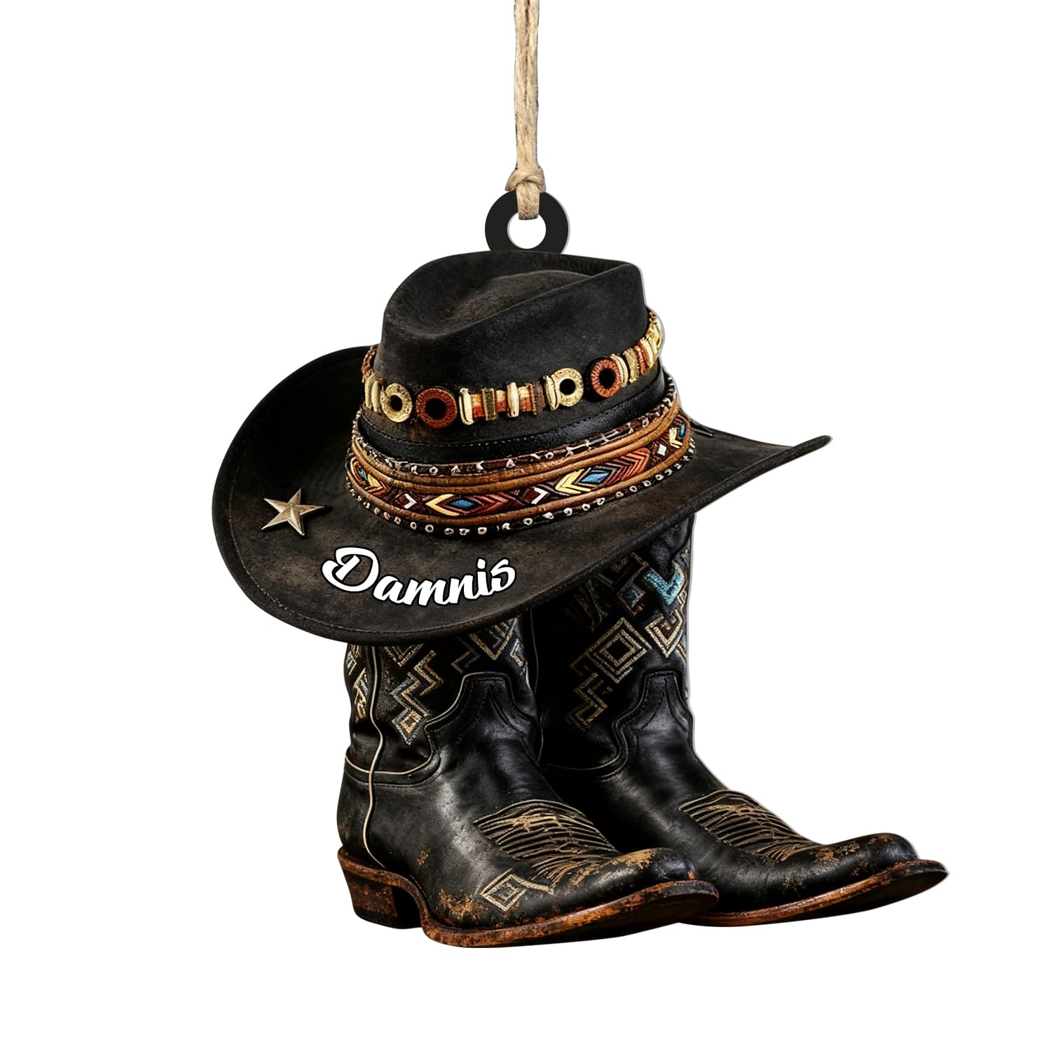 Personalized 2D Flat Cowboy Boots and Hat Christmas Ornament,Custom Western Cowgirl Boot Hat Hanging Ornaments for Christmas Trees,Xmas Western Gift for Cowboy Cowgirl