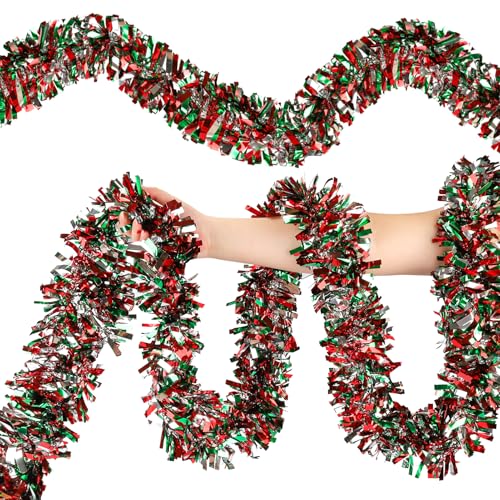 Image of 50FT Christmas Tinsel Garland, Red Green&Silver Metallic Twist Shiny Hanging Garland Ornaments for Christmas Tree, Party Supplies Thick Metallic Xmas Streamers