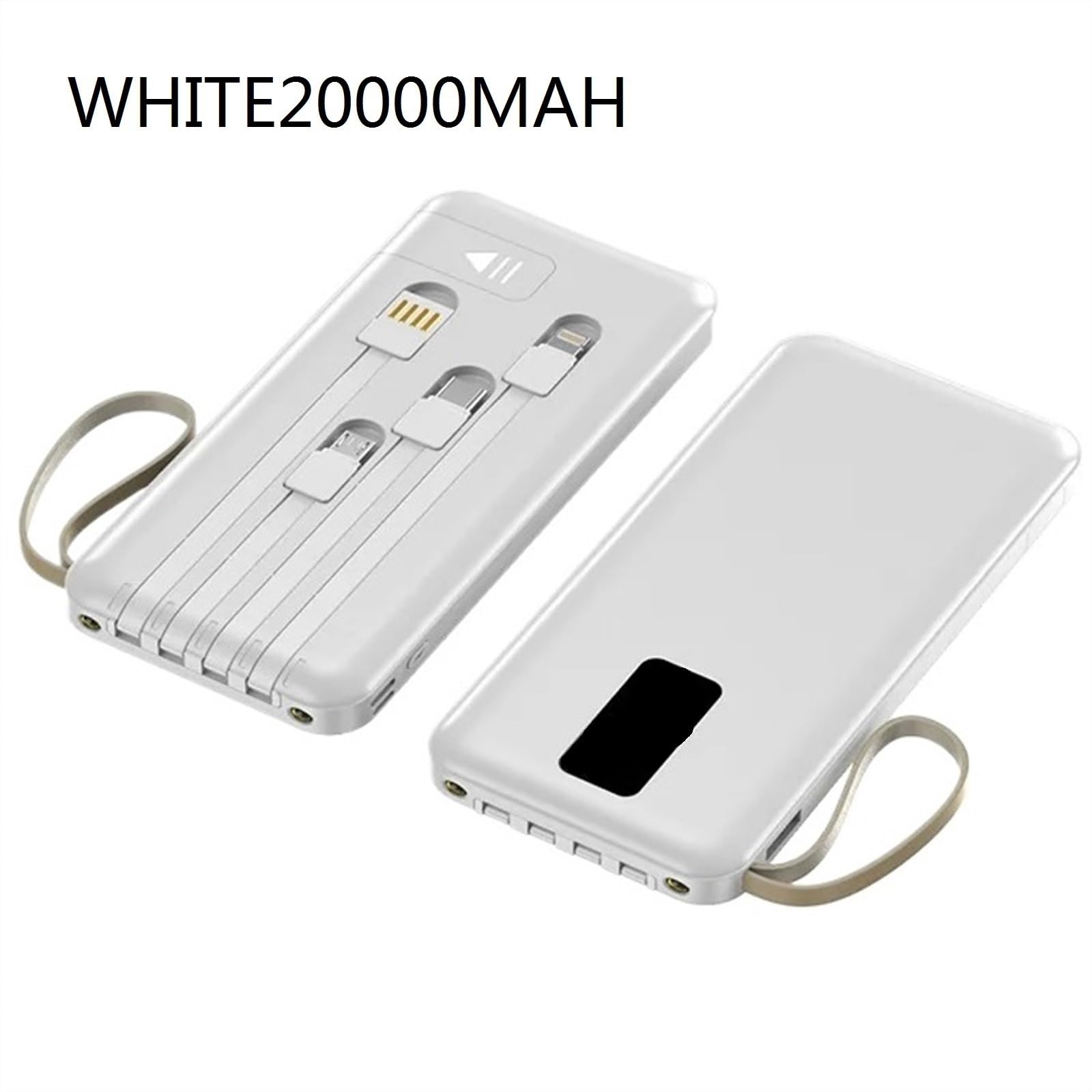 Slim Power Bank 20000 MAh Przenośna Zewnętrzna Ładowarka Do Baterii 10000 MAh Powerbank Wbudowany Kabel (Size : White20000mAh)