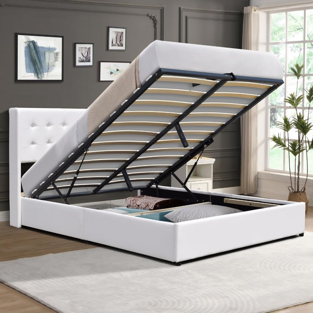 King of Dreams Lit Coffre dehoussable Gris 140x190 cm avec tête de lit capitonnée - 12 Lattes - Trixie - Montage Facile - Revêtement PVC Simili Facile d'entretien (Blanc, 140x190)
