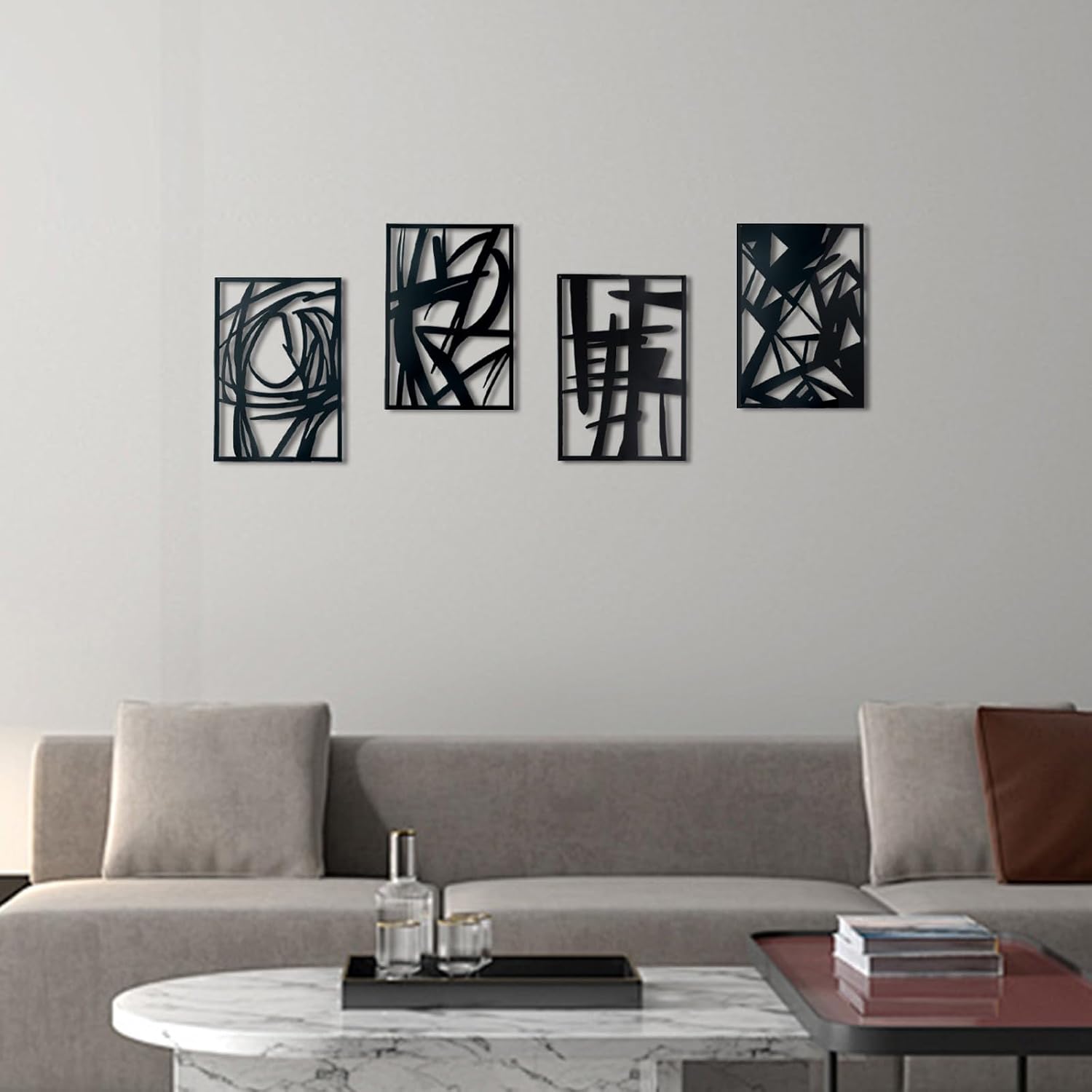 OYEFLY 4 Pack Abstract Metal Wall Art,Minimalist Art Decoration for Living Room Bedroom Bathroom Study (Black, 9.4 x 6.5inch)