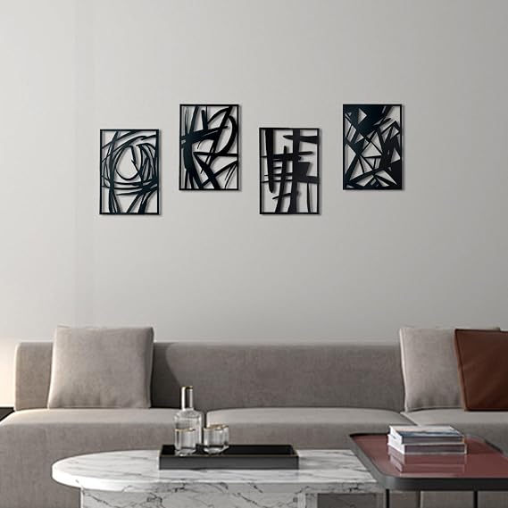 OYEFLY 4 Pack Abstract Metal Wall Art,Minimalist Art Decoration for Living Room Bedroom Bathroom Study (Black, 9.4 x 6.5inch)