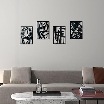 OYEFLY 4 Pack Abstract Metal Wall Art,Minimalist Art Decoration for Living Room Bedroom Bathroom Study (Black, 9.4 x 6.5inch)
