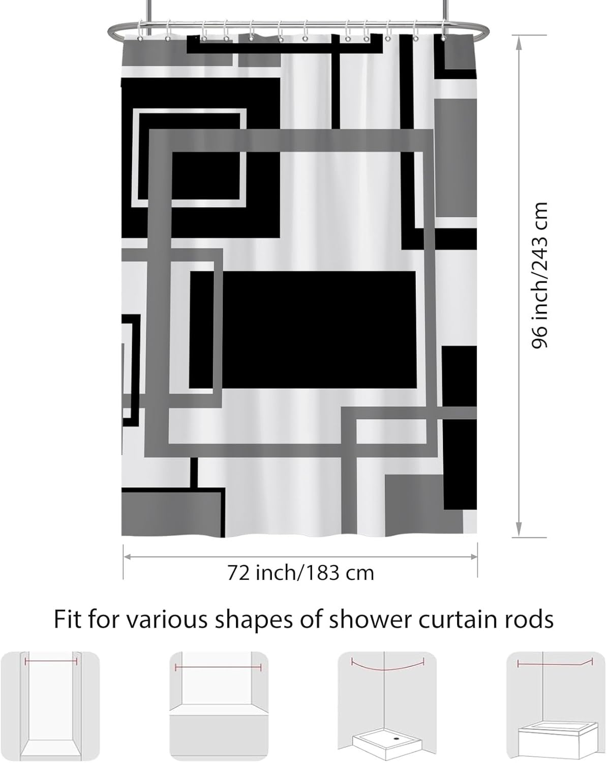 Renaiss 72x84 Inch Modern Geometric Shower Curtain Black and Grey Abstract Geometric White Shower Curtain for Modern Bathroom Decor Fabric Cloth Polyester Waterproof Set with Hooks