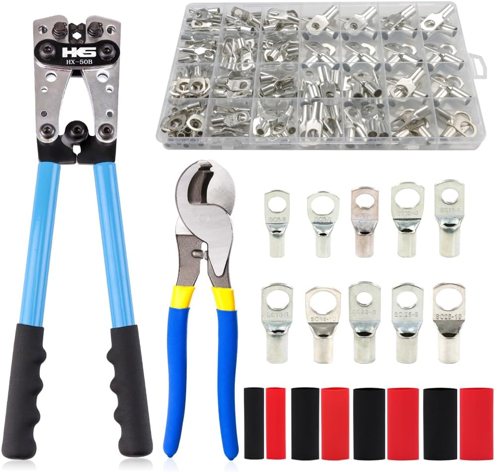 HKS Battery Cable Lug Crimping Tool 10-1 AWG with Cutter, 170 Pcs Tinned Copper Lugs Kit & 210Pcs 3:1 Ratio Adhesive Lined Heat Shrink Tubings - Marine Grade Shrink Wrap HX-50B