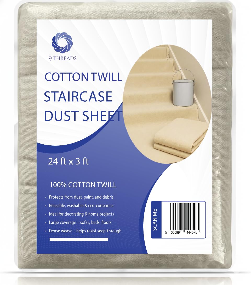 9Threads Cotton Dust Sheets for Stairs | Washable & Reusable Drop Cloth for Decorating & Renovation | Furniture & Floor Protection (Cotton Twill, 24 FT x 3 FT)