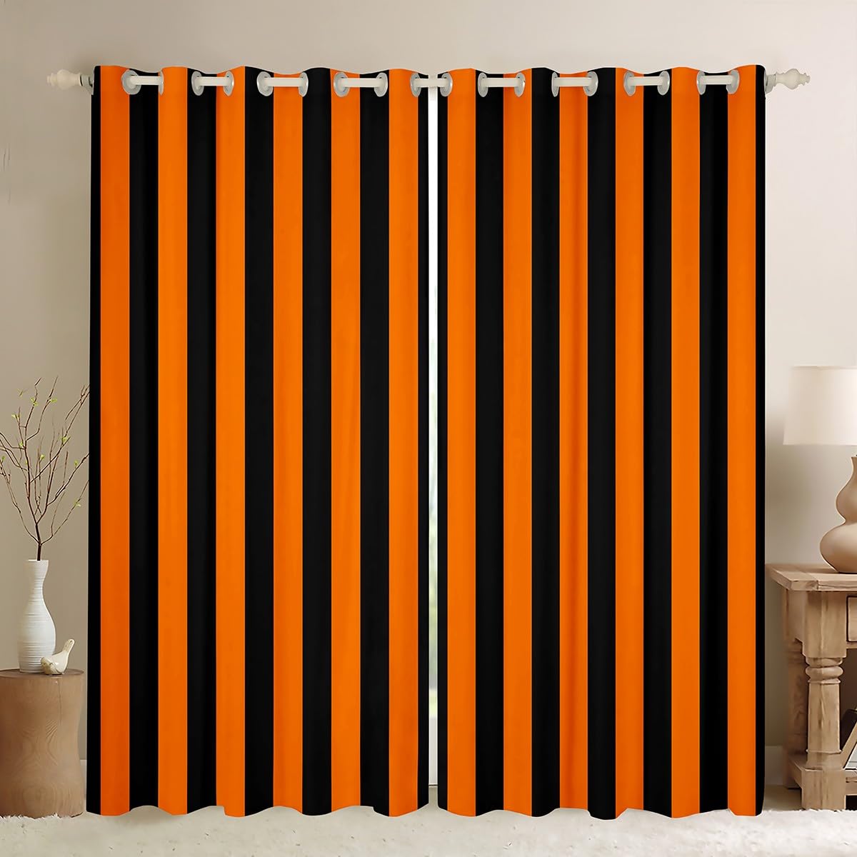 Homemissing Orange Black Curtain for Kids Boys Girls Abstract Stripes Window Drapes (2 Panels, W66*L90) Geometric 30%-50% Blackout Shades Bedroom Decor Breathable Soft Microfiber Modern