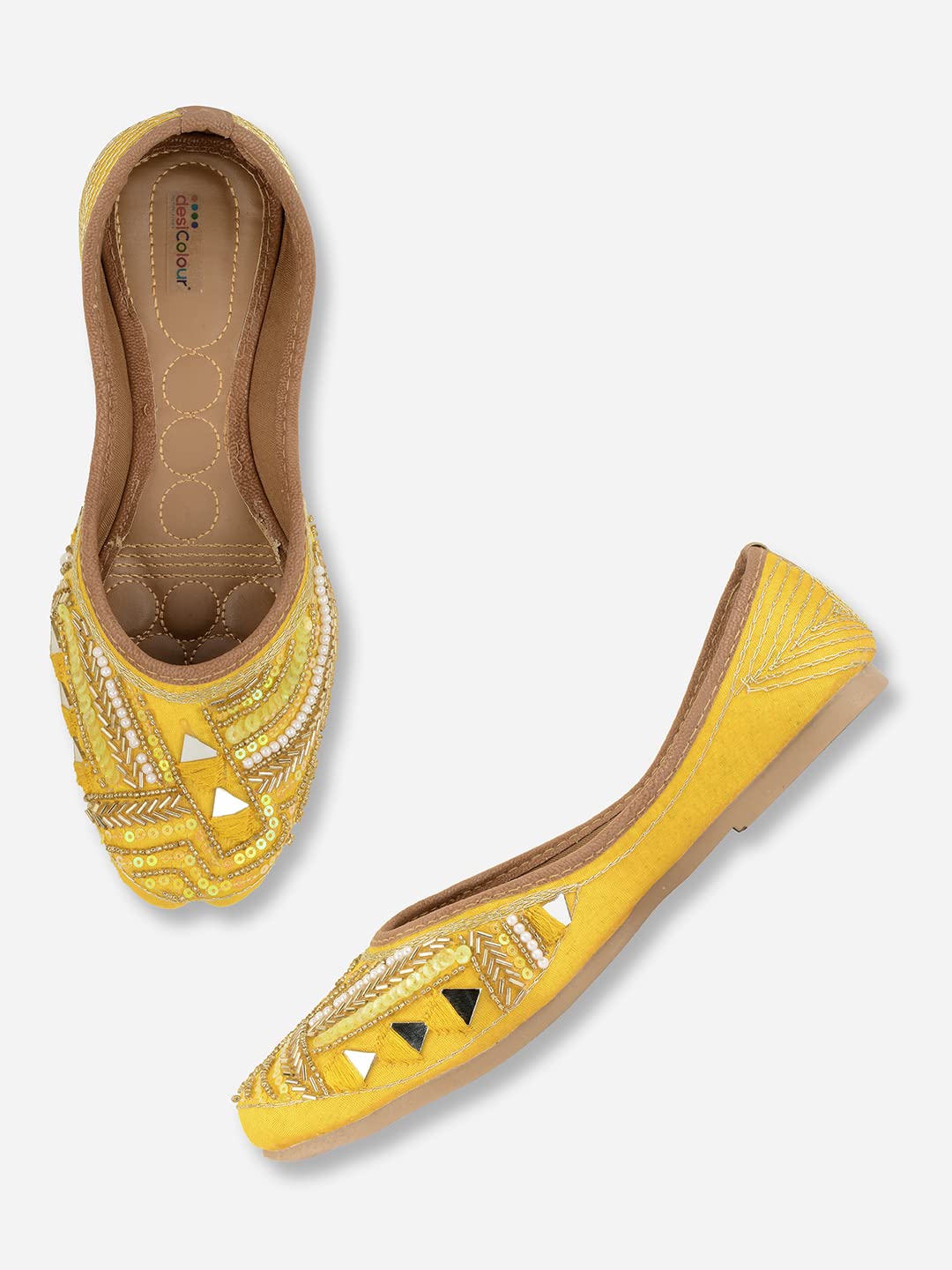 desi colour Women Party Wear Ethnic Footwear Mojari/Punjabi Jutti-Yellow Mirror Emb-picture-19