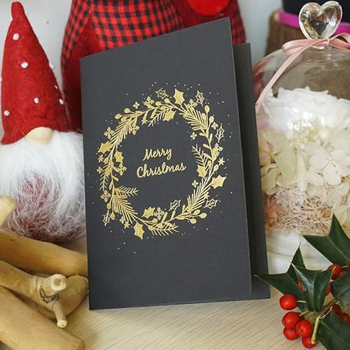 Black Gold Foil Stamping Christmas Cards Set Of 4, Merry Christmas Greeting Cards, Holiday Cards With Foil Stamping Reindeer, Christmas Tree, Xmas Ball, Christmas Garland Black Xmas Cards #TOP6