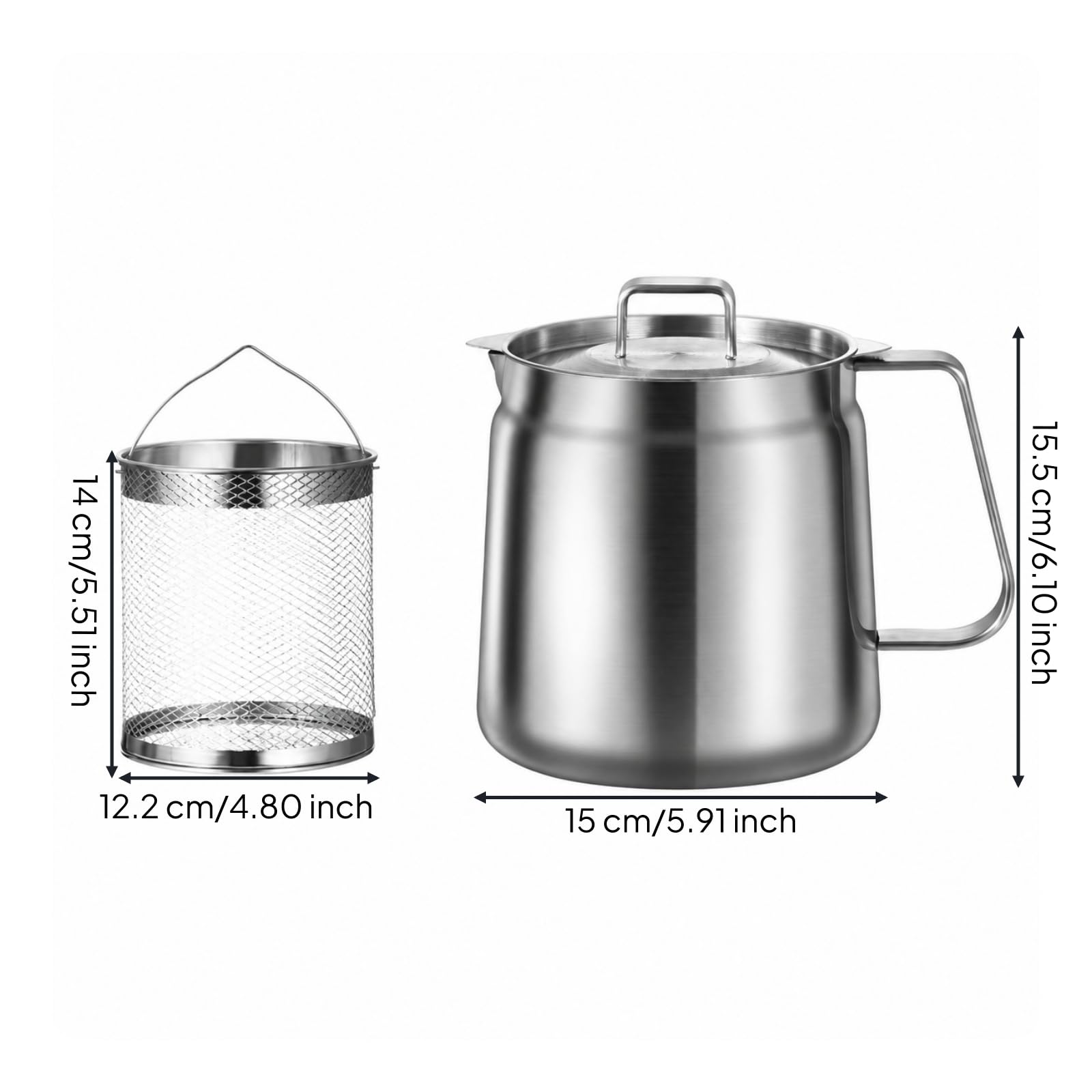 Aceitera Acero Inoxidable Resistente a Elevadas Temperaturas Olla Acero Inoxidable con Cesta Freído Multifuncional Olla Filtrante Aceite, 2.0L