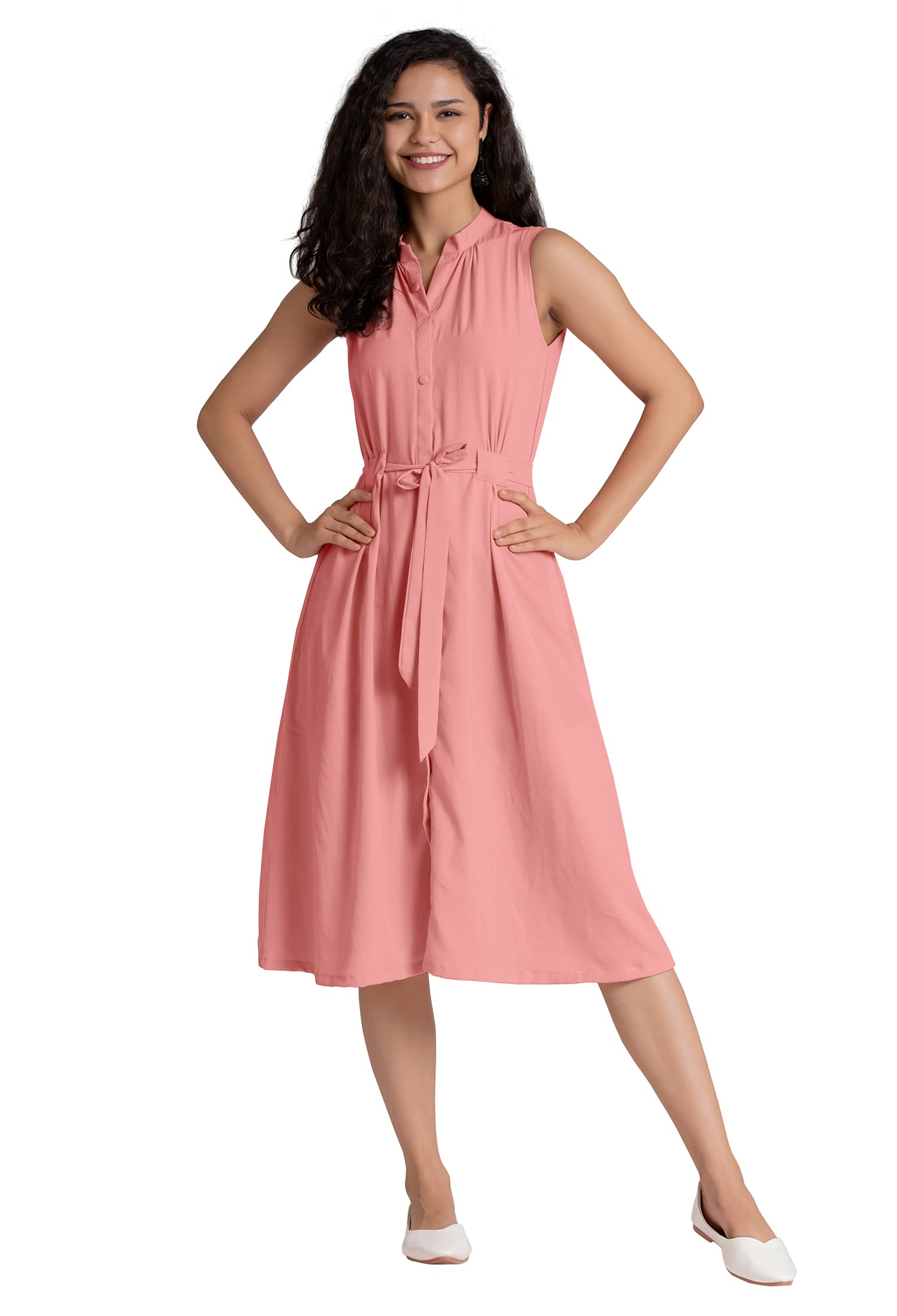 Women's Elegant Belted Pleated Sleeveess Short Dress Color-image-16
