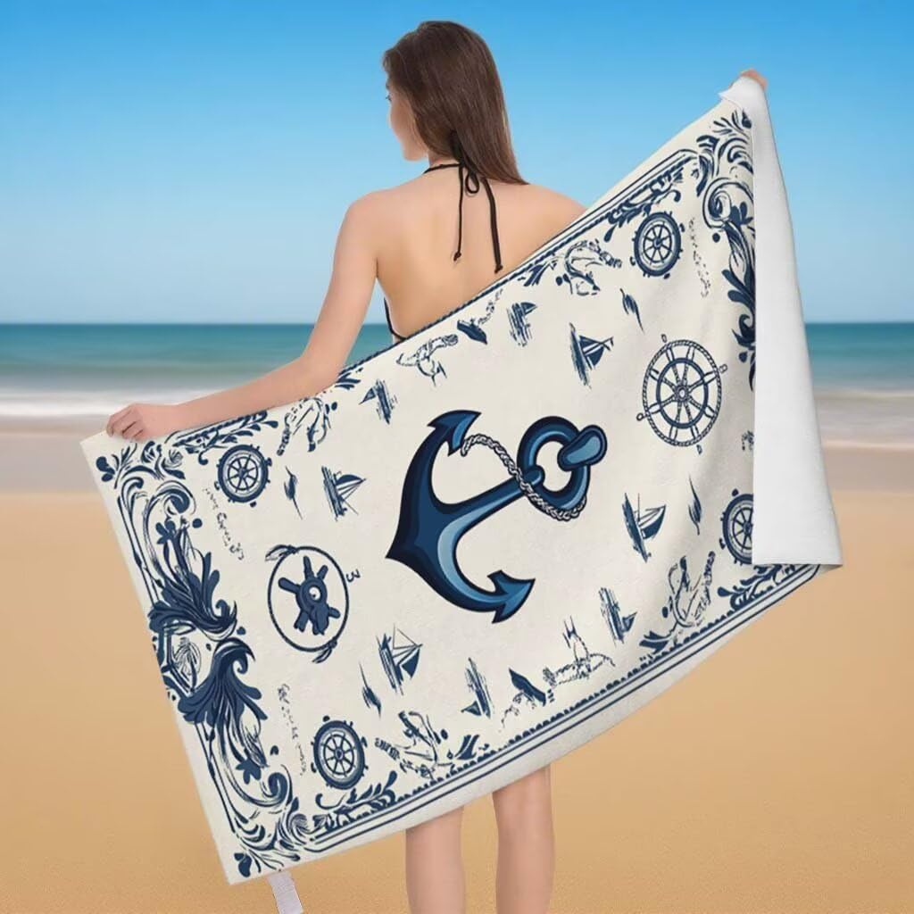 Toalla de Playa Grande 220x100cm/35x70cm, Juego de 2 Toalla Microfibra XXL de Antiarena, Toallas Playa Suave Ligera, Absorbente Secado Rápido, Beach Towel Viaje Yoga, Regalo Mujer Hombre (Ancla) D-49