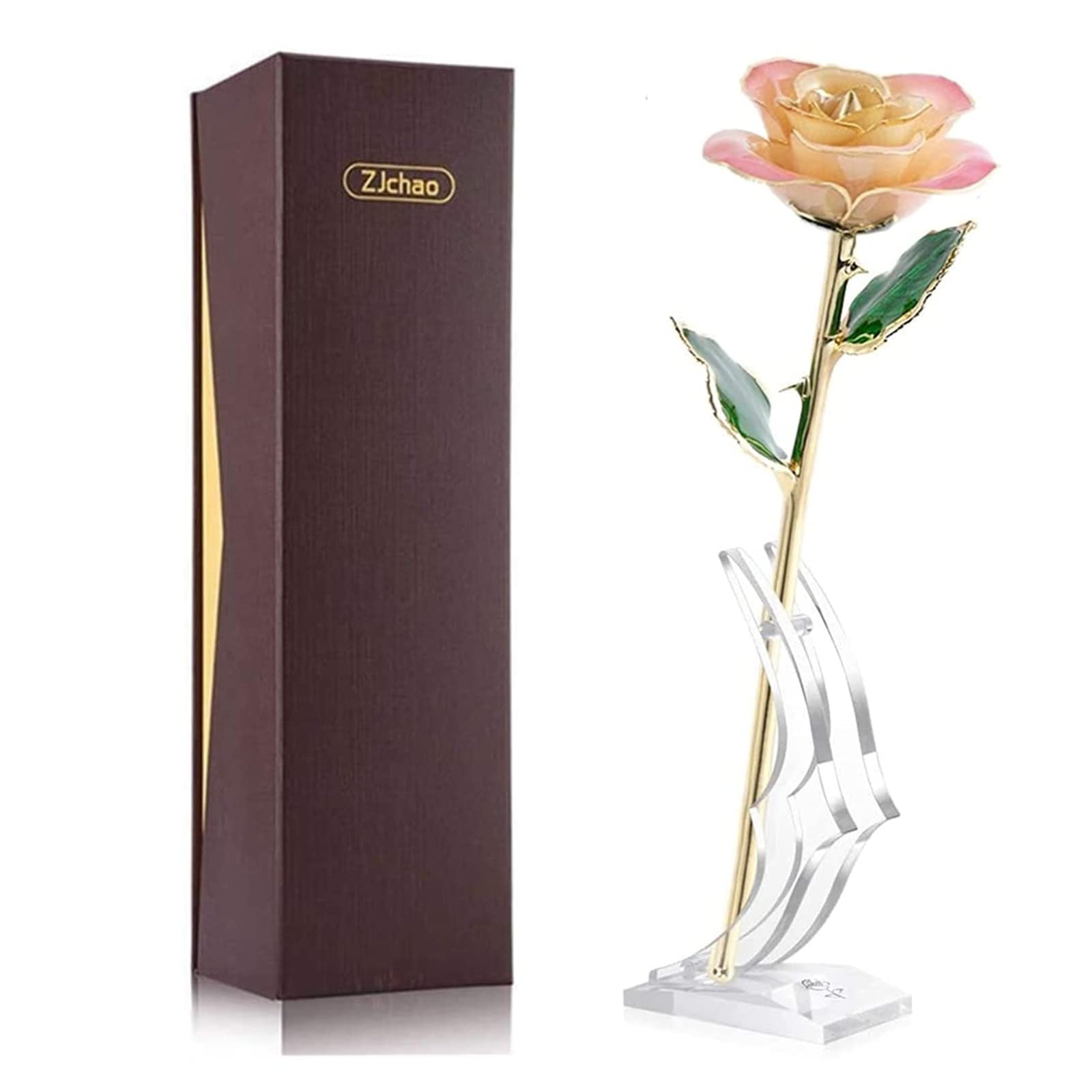 ZJchao 24K Christmas Her, Eternal Love Plated Rose Flower, Best Present for Wife/Lover/Girlfriend Anniversary, Wedding, Birthday (Peach)