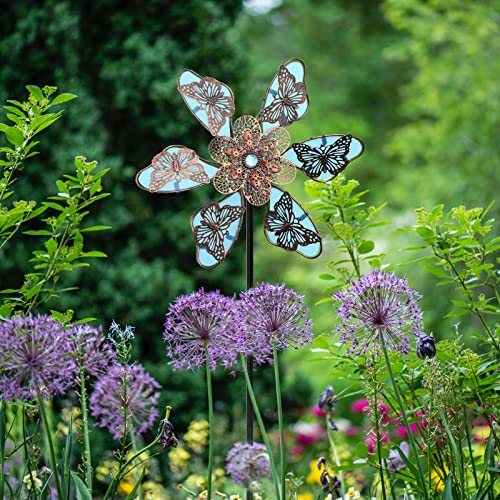 Okra.z Wind Kinetic Sculpture Spinners, Fluorescent Blue Butterfly Retro Metal Windmills With Outdoor Garden Stake, 360 Degree Swivel Wind Spinners For Yard, Lawn, Garden Idea Decorations #TOP1