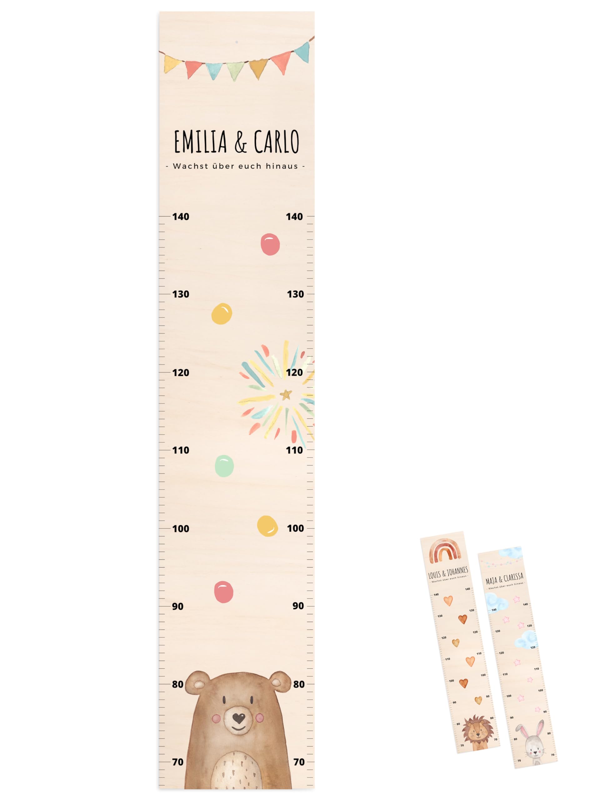 wunderwunsch® - Personalisierte Messlatte Kind Holz zum Kleben oder Aufhängen - Skala 70-140cm - Süße Dekoration für Baby- & Kleinkinderzimmer (Bär)