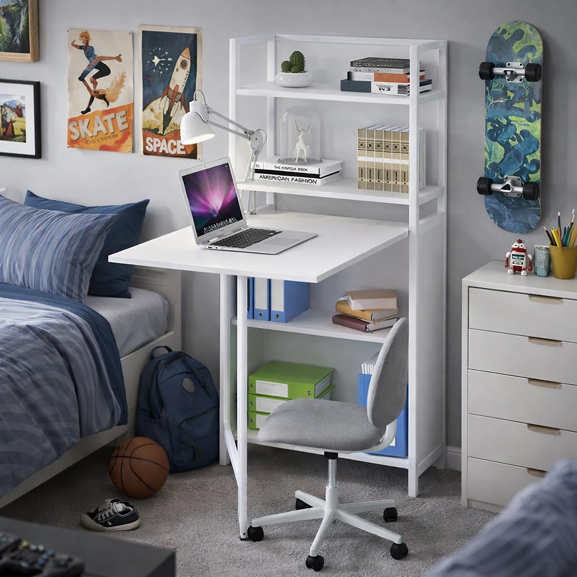 yelloo - Scrivania Salvaspazio Piccola, Scrivania Bianca con Cassetti per Ufficio, Cameretta, Tavolo Scrivania a Muro dal Design Semplice Ideale per Zona Studio e Smart Working (Mod. COMPACT)