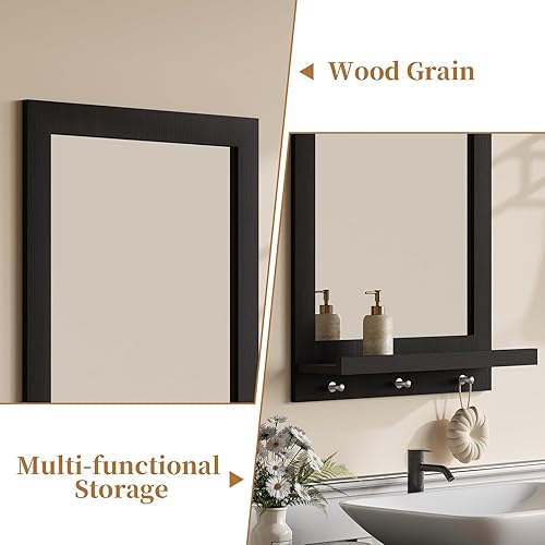 Miniatura 4 de ARTPOWER Espejo de pared de madera de 24 x 18.5 pulgadas con estante, espejo rectangular de pasillo con ganchos, espejos de pared colgantes para