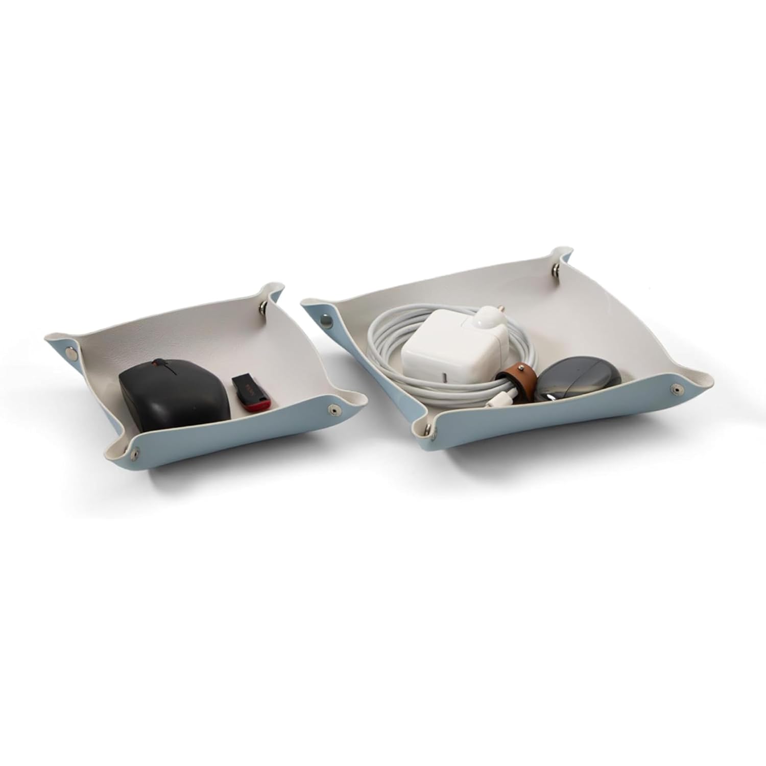 BLOOMAX® Premium Leather Desk Organizer Tray Combo | 20cm + 15cm Dual‑Tone Silver Catchall | Foldable Snap‑Corner Bedside Jewelry & Accessories Tray (Set‑2)