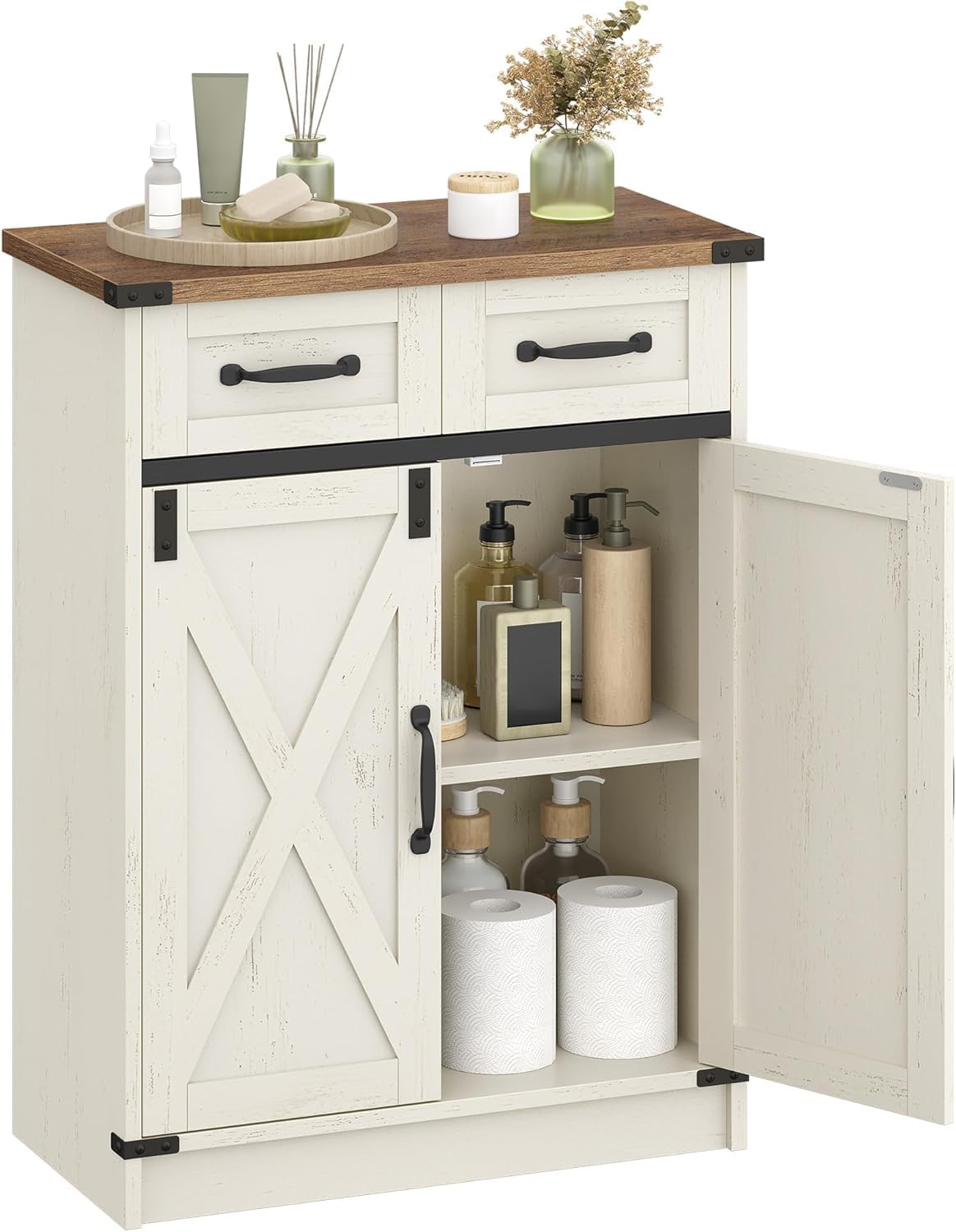 Hzuaneri Mobile da Bagno, Mobiletto da Bagno con 2 Cassetti e 2 Ante, Mobiletto da Cucina, Ripiano Regolabile, 30 x 60 x 80 cm, Bianco Rustico e Noce Medio SC62414X