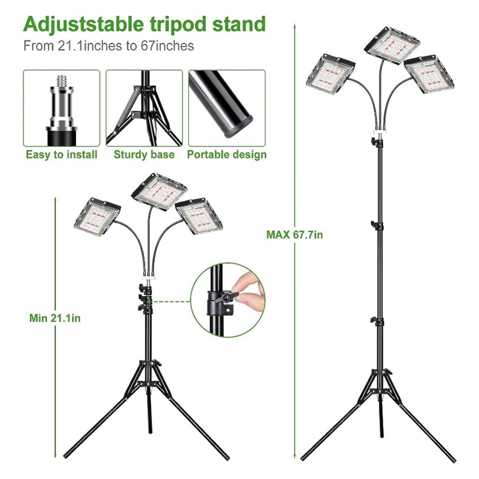 Lámpara de Planta Luz de Cultivo con Soporte, luz LED de Tres Cabezales for Plantas de Interior, 150 LED de Espectro Completo, Temporizador de 3/6/12H, 6 Niveles Regulables,