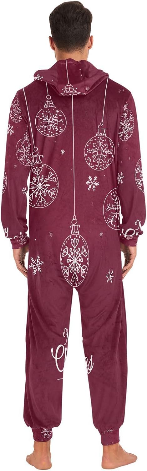 Christmas Red Balls White Snowflakes Adult Onesie Pajamas for Unisex Novelty One Piece Costume Sleepwear