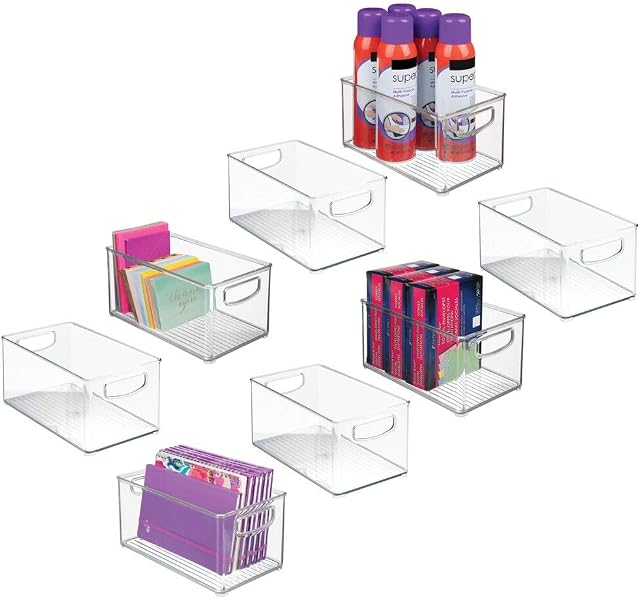 mDesign Set of 8 Storage Boxes with Built-in Handles  for Storage of Kitchen, Bathroom or Office Equipment  Plastic Box for Use as Desk Storage Unit  Clear