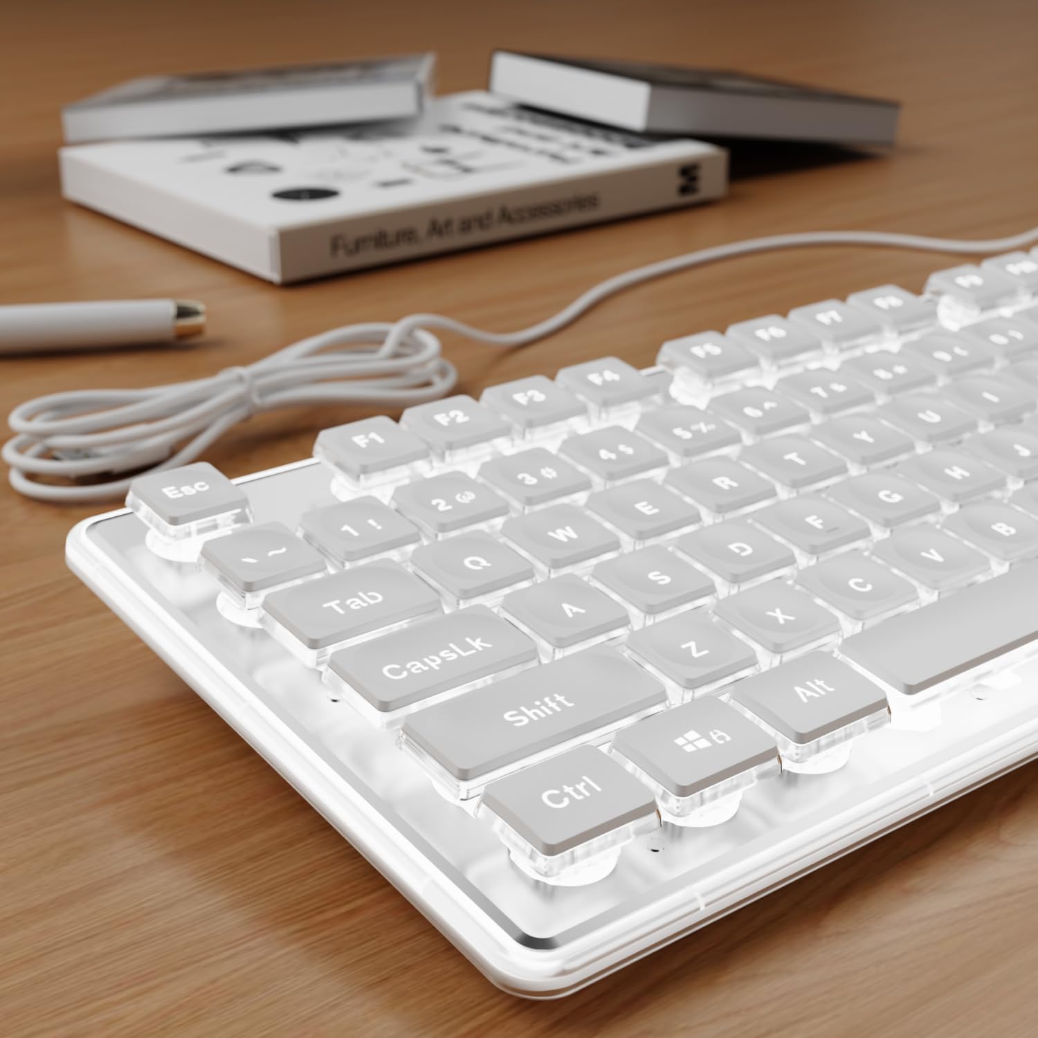 SEUNKWANG EWEADN GX710S - Tastiera per computer retroilluminata, con cavo USB retroilluminato bianco, pannello in metallo, Plug and Play, tasti budino, tastiera per computer full size, per