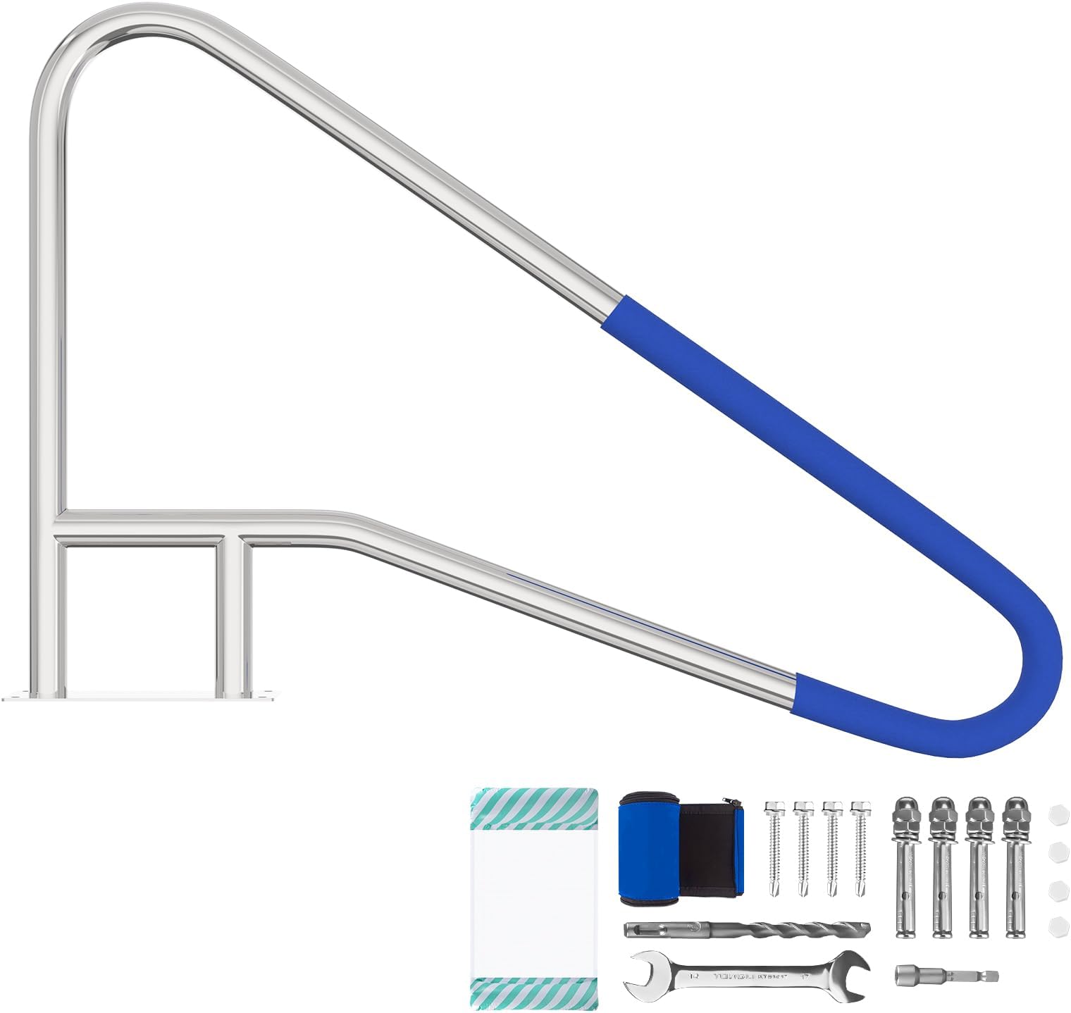 Pool Handrail,53" x 35" Pool Railings for Inground Pools, 304 Stainless Steel Pool Handrails with Blue Nylon Grip Cover & Inflatable Float Hammock, Quick Mount Accessory Included